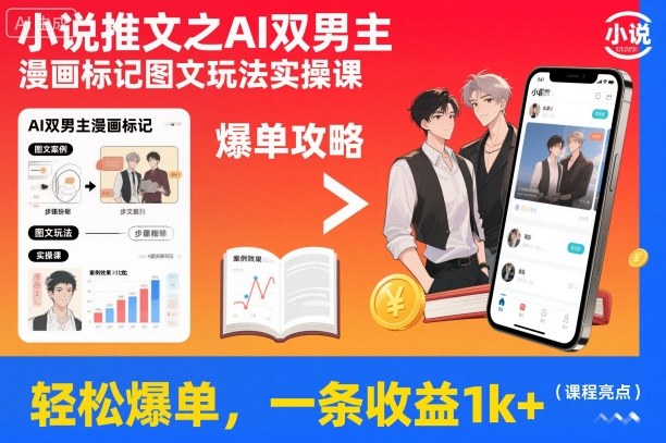小说推文之AI双男主漫画标记图文玩法实操课，轻松爆单，一条收益1k+-九九网创