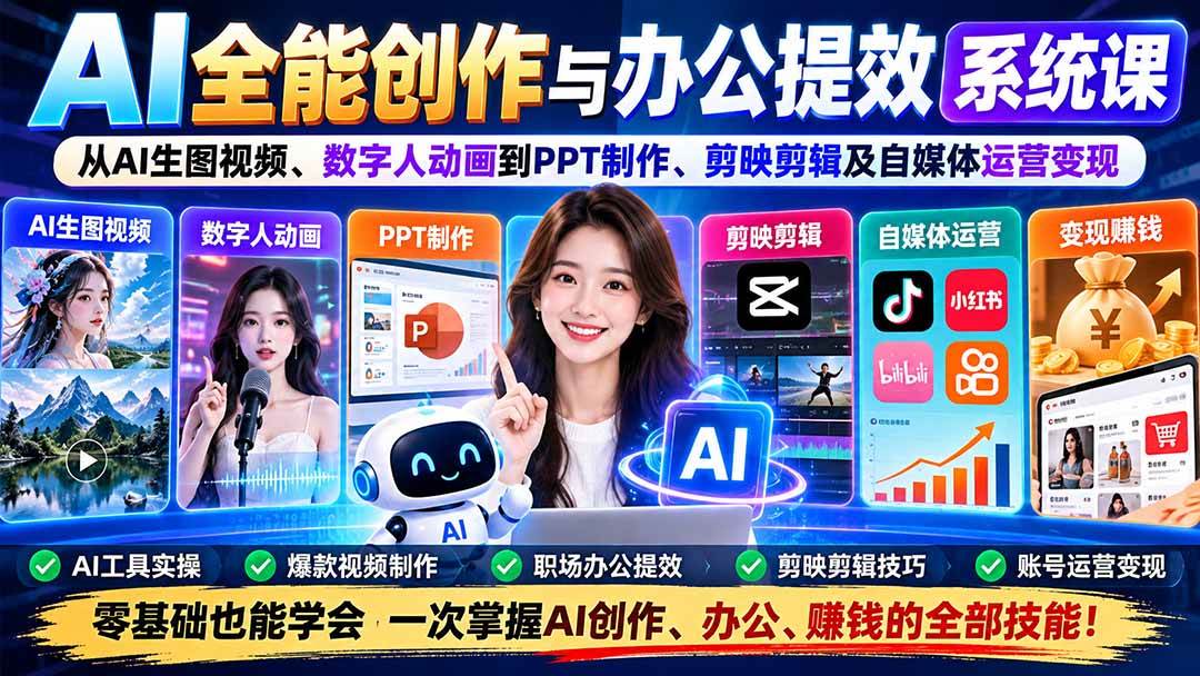 （20885期）AI全能创作与办公提效系统课：从AI生图视频、数字人动画到PPT制作、剪映剪辑及自媒体运营变现-九九网创