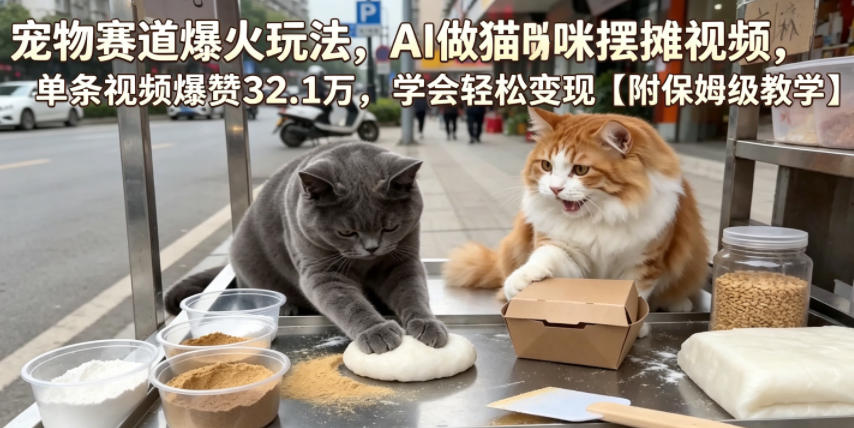 宠物赛道爆火玩法,AI做猫咪摆摊视频,单条视频爆赞32.1万,学会轻松变现【附保姆级教学】-九九网创