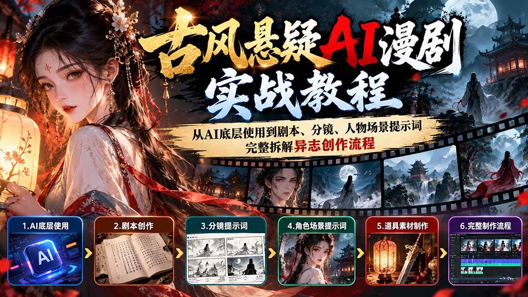 （20798期）古风悬疑AI漫剧实战教程：从AI底层使用到剧本、分镜、人物场景提示词，完整拆解异志创作流程-九九网创