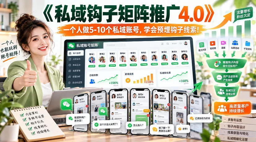 【无水印】《私域钩子矩阵推广4.0》一个人做5-10个私域账号，学会预埋钩子线索！-九九网创