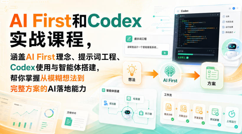 AI First和Codex实战课，涵盖AI First理念、提示词工程、Codex使用与智能体搭建，掌握从模糊想法到完整方案的AI落地能力-九九网创