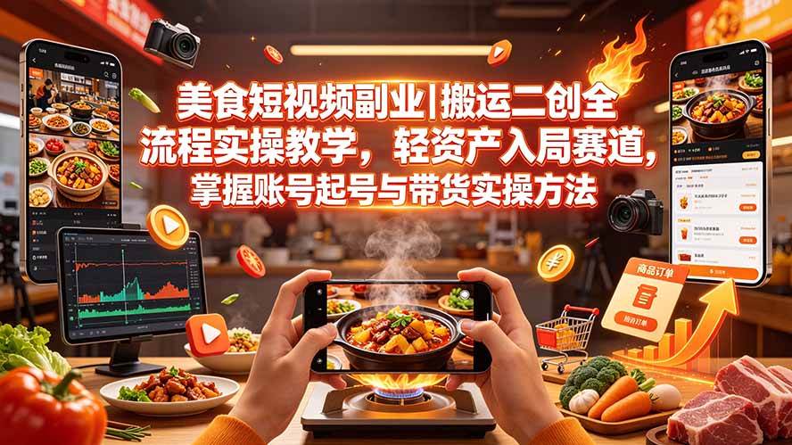 （19535期）美食短视频副业｜搬运二创全流程实操教学，轻资产入局赛道，掌握账号起号与带货实操方法-九九网创