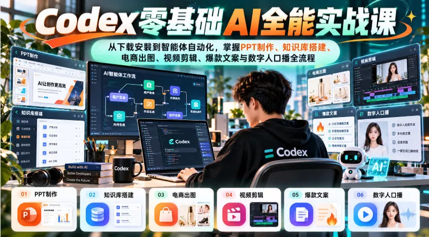 Codex零基础AI全能实战课：从下载安装到智能体自动化，掌握知识库搭建、电商出图、视频剪辑、爆款文案与数字人口播全流程-九九网创
