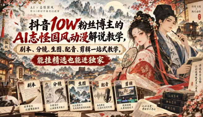 抖音10W粉丝博主满堂诡事的AI志怪国风动漫解说教学，剧本、分镜、生图、配音、剪辑一站式教学，能挂精选也能进独家
