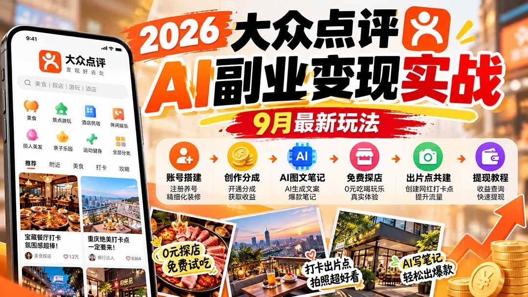 （20873期）2026大众点评AI副业变现实战9月最新玩法：账号搭建+创作分成+AI图文笔记+免费探店+出片点共建与提现教程-九九网创
