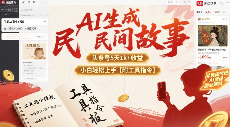 AI生成民间故事,头条号5天1k+,小白轻松上手【附工具指令】-九九网创