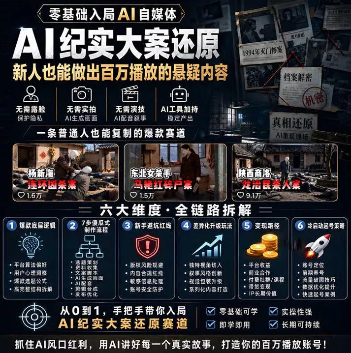 抖音8W粉丝博主的AI纪实大案还原教学,新人也能做出百W播放的悬疑内容,抓住AI风口红利,用AI讲好每一个真实故事 抖音8W粉丝博主的AI纪实大案还原教学,新人也能做出百W播放的悬疑内容,抓住AI风口红利,用AI讲好每一个真实故事