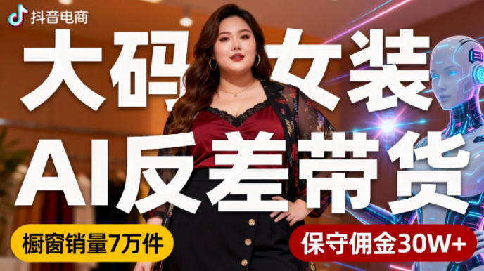 抖音小众赛道，大码女装AI反差带货，不用直播，每天6条作品，橱窗卖7万件，保守佣金30W+-九九网创