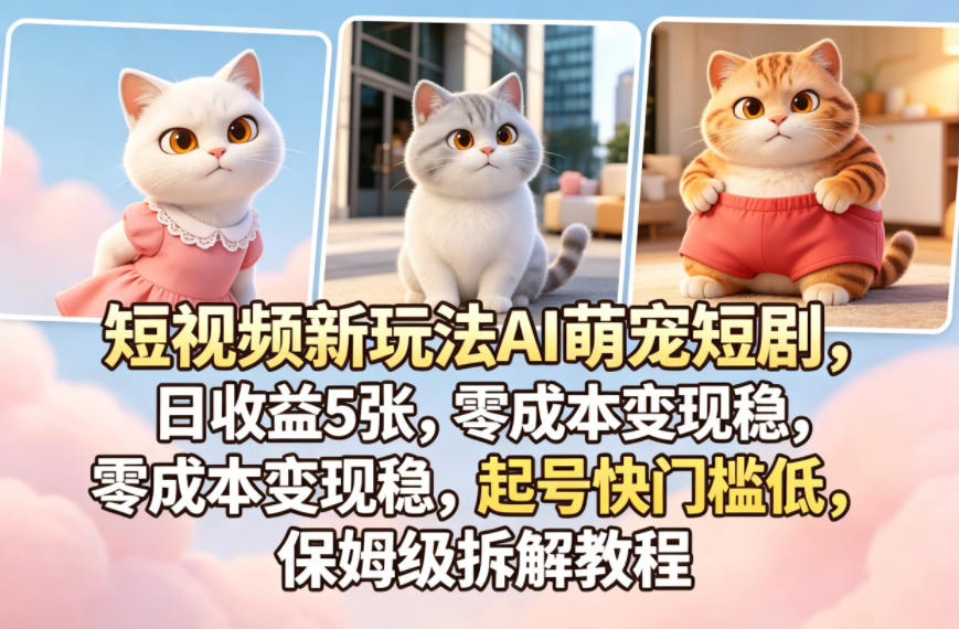 短视频新玩法AI萌宠短剧，日收益5张，零成本变现稳，起号快门槛低，保姆级拆解教程-九九网创