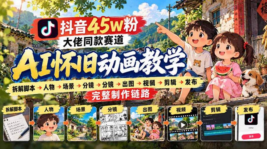 抖音45W粉大佬同款赛道AI怀旧动画实战课：拆解脚本→人物→场景→分镜→出图→视频→剪辑→发布完整制作链路-九九网创