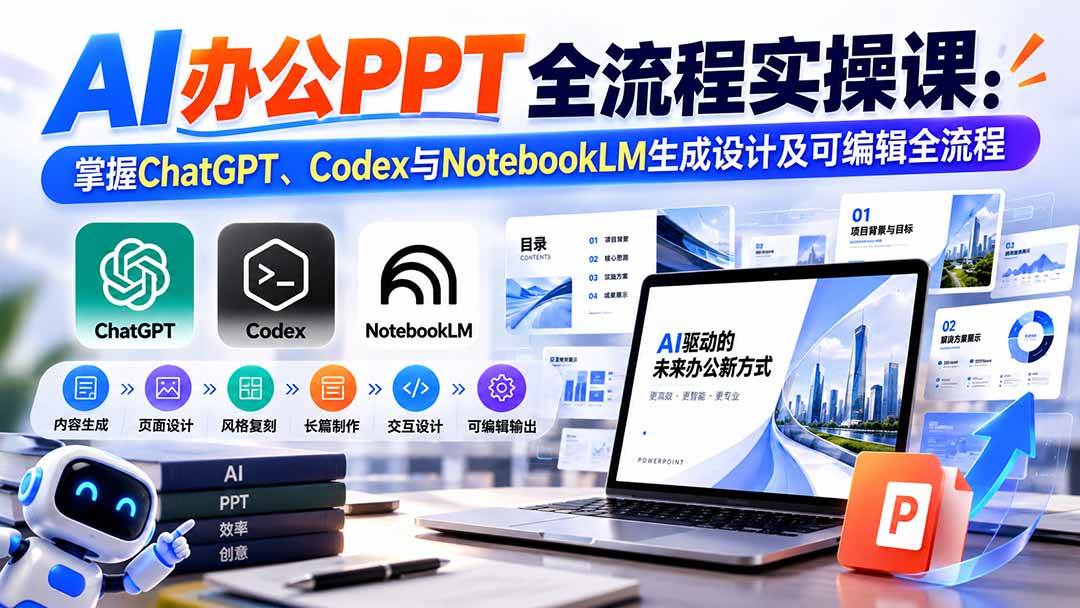 （20660期）【无水印】AI办公PPT全流程实操课： 掌握ChatGPT、Codex与NotebookLM生成设计及可编辑全流程-九九网创