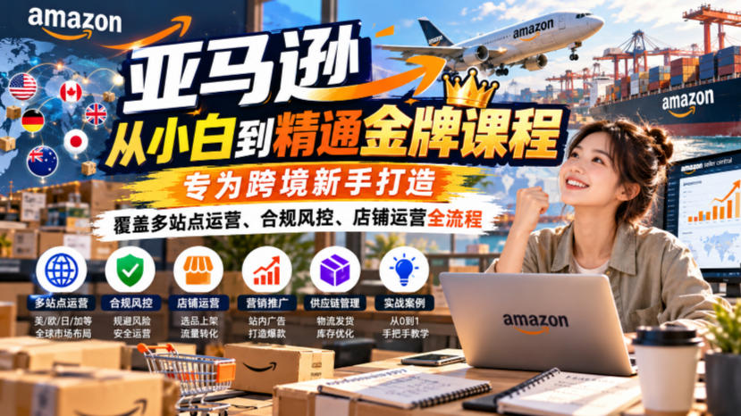 亚马逊从小白到精通金牌课程，专为跨境新手打造，覆盖多站点运营、合规风控、店铺运营全流程-九九网创
