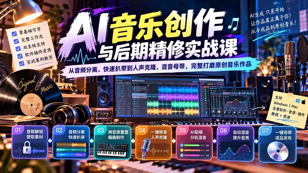 AI音乐创作与后期精修实战课：从音频分离、快速扒带到人声克隆、混音母带，完整打磨原创音乐作品-九九网创