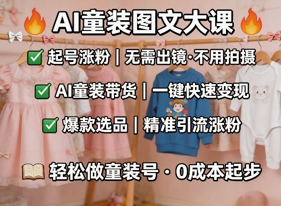 AI童装图文剪辑，某社群童装图文大课，起号涨粉、AI童装带货、爆款选品，无需出镜和拍摄-九九网创