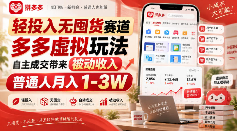 轻投入无囤货赛道，多多虚拟玩法自主成交带来被动收入，普通人月入1-3W-九九网创