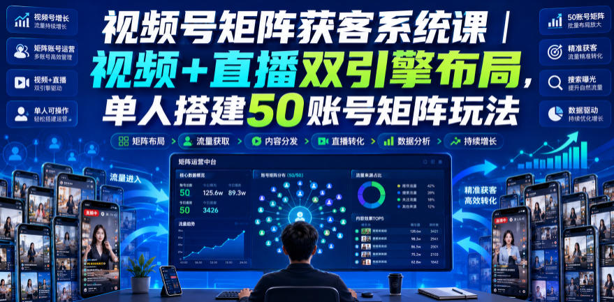 视频号矩阵获客系统课｜视频+直播双引擎布局，单人搭建50账号矩阵玩法，流量入池、搜索占位、全域引流沉淀私域全流程教学-九九网创