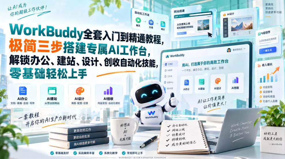 WorkBuddy全套入门到精通教程，极简三步搭建专属AI工作台，解锁办公、建站、设计、创收自动化技能，零基础轻松上手-九九网创