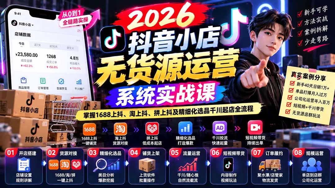【无水印】2026抖音小店无货源运营系统实战课：掌握1688上抖、淘上抖、拼上抖及精细化选品千川起店全流程-九九网创