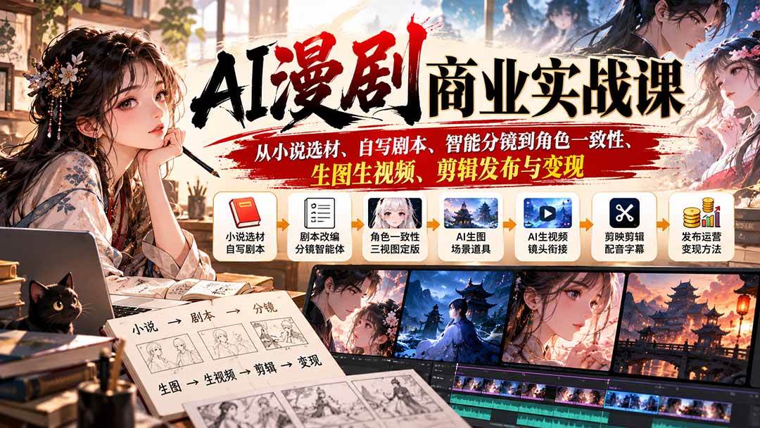(20811期)AI漫剧商业实战课:从小说选材、自写剧本、智能分镜到角色一致性、生图生视频、剪辑发布与变现-九九网创