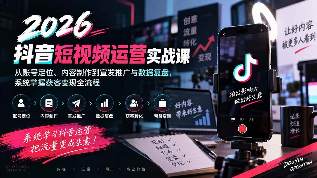 （20406期）2026抖音短视频运营实战课：从账号定位、内容制作到宣发推广与数据复盘，系统掌握获客变现全流程-九九网创