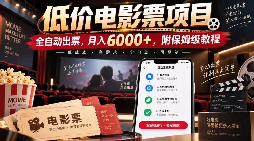 低价电影票项目，全自动出票，月入6000+，附保姆级教程【揭秘】-九九网创