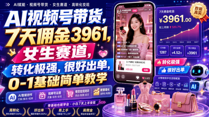 AI视频号带货，7天佣金3961，女生赛道，转化极强，很好出单，0-1基础简单教学-九九网创