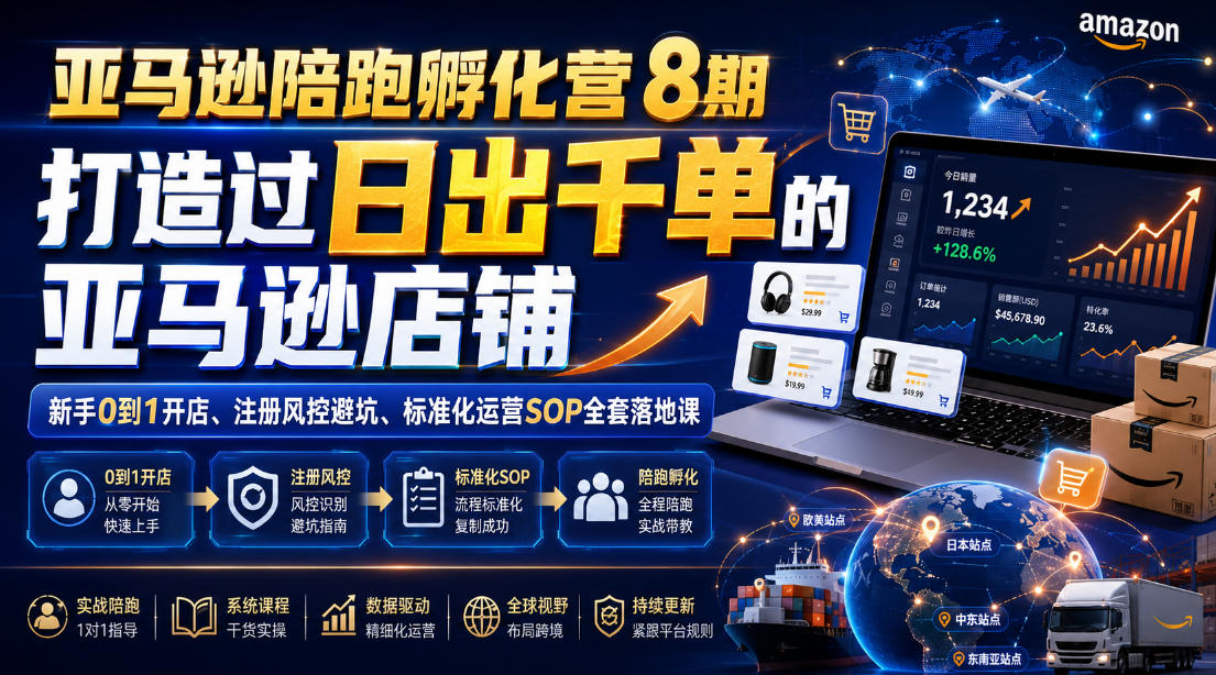 亚马逊陪跑孵化营8期,打造过日出千单的亚马逊店铺,新手0到1开店、注册风控避坑、标准化运营SOP全套落地课-九九网创