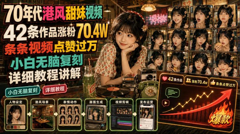 70年代港风甜妹视频，42条作品涨粉70.4W，条条视频点赞过万，小白无脑复刻，详细教程讲解-九九网创