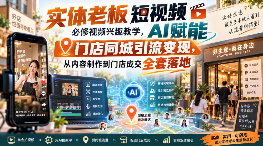 实体老板短视频必修视频兴趣教学，AI赋能门店同城引流变现，AI+短视频+直播打爆实体客流量-九九网创