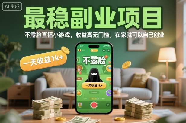 最稳副业项目，不露脸直播小游戏，收益高无门槛，一天收益1k+，在家就可以自己创业【揭秘】-九九网创