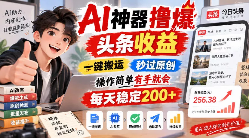 AI神器撸爆头条收益，一键搬运，秒过原创，操作简单有手就会，每天稳定200+【揭秘】-九九网创