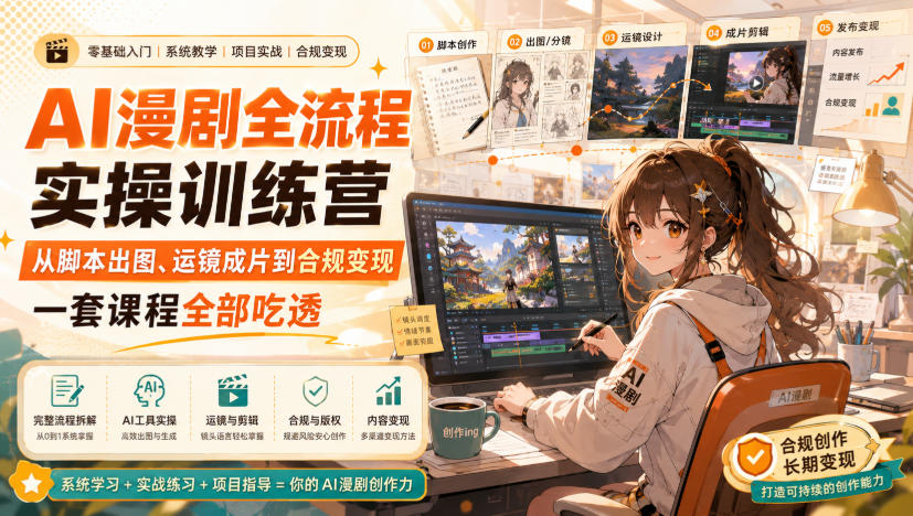 AI漫剧全流程实操训练营，从脚本出图、运镜成片到合规变现，一套课程全部吃透-九九网创