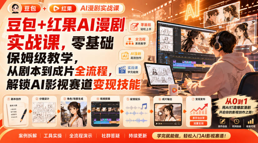 豆包+红果AI漫剧实战课，零基础保姆级教学，从剧本到成片全流程，解锁AI影视赛道变现技能-九九网创