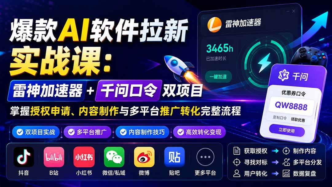 (20230期)爆款AI软件拉新实战课:雷神加速器+千问口令双项目,掌握授权申请、内容制作与多平台推广转化完整流程-九九网创