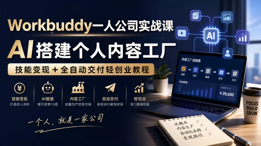 Workbuddy一人公司实战课，AI搭建个人内容工厂，技能变现+全自动交付轻创业教程-九九网创