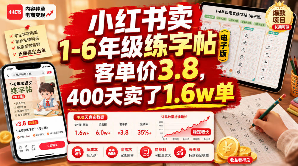 小红书卖1-6年级练字帖（电子版），客单价3.8，400天卖了1.6w单-九九网创
