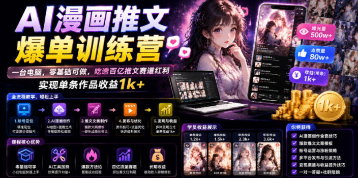 AI漫画推文爆单训练营，一台电脑，零基础可做，吃透百亿推文赛道红利，实现单条作品收益1k+（更新0705）-九九网创