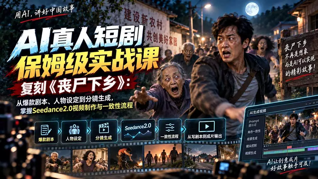 AI真人短剧保姆级实战课,复刻《丧尸下乡》:从爆款剧本、人物设定到分镜生成,掌握Seedance2.0视频制作与一致性流程-九九网创