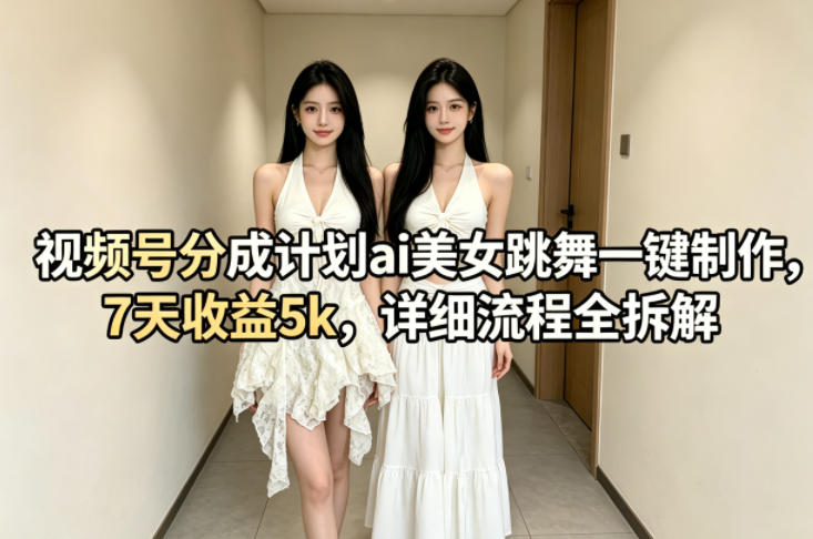视频号分成计划ai美女跳舞一键制作，7天收益5k，详细流程全拆解-九九网创