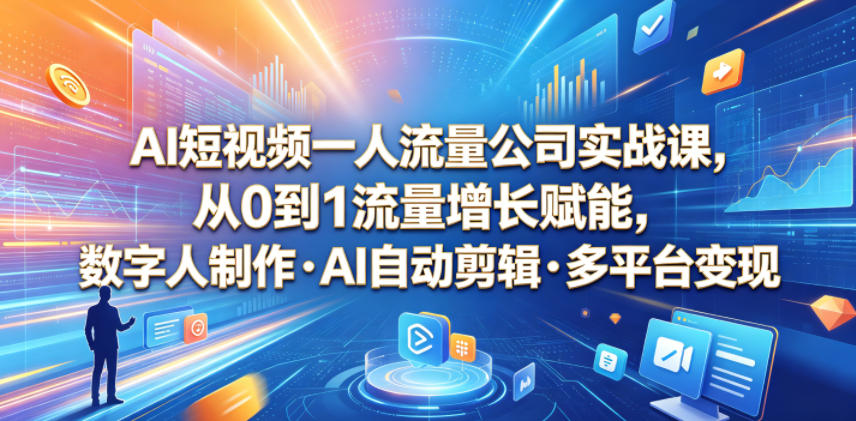 AI短视频一人流量公司实战课，从0到1流量增长赋能，数字人制作・AI自动剪辑・多平台变现，一人做流量生意全落地教程-九九网创