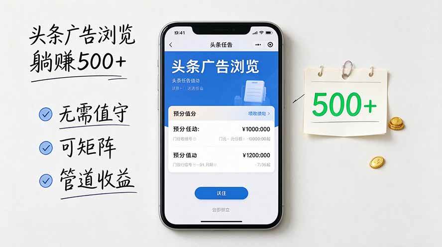 （20835期）头条广告浏览躺赚500+无需值守，可矩阵并附有管道收益-九九网创