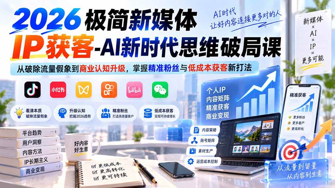 (20272期)2026极简新媒体IP获客-AI新时代思维破局课:从破除流量假象到商业认知升级,掌握精准粉丝与低成本获客新打法-九九网创
