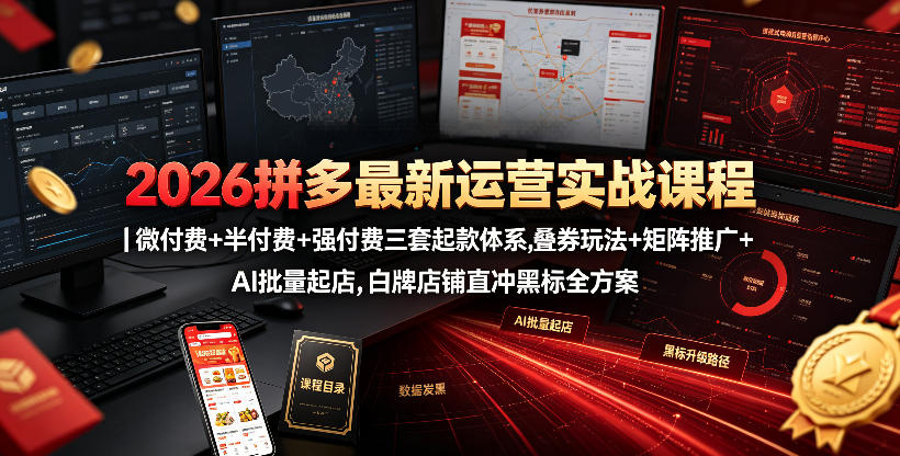 2026拼多多最新运营实战课程｜微付费+半付费+强付费三套起款体系，叠券玩法+矩阵推广+AI批量起店，白牌店铺直冲黑标全方案-九九网创