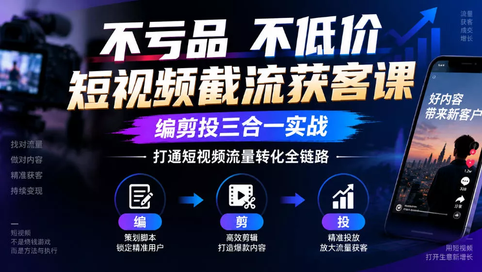 不亏品不低价短视频截流获客课，编剪投三合一实战，打通短视频流量转化全链路-九九网创