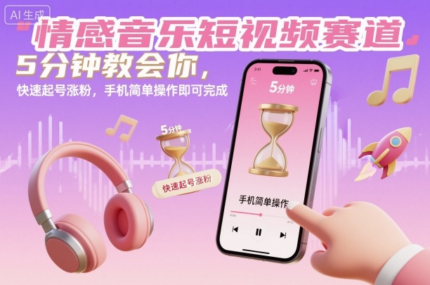 情感音乐短视频赛道,5分钟教会你,快速起号涨粉,手机简单操作即可完成-九九网创