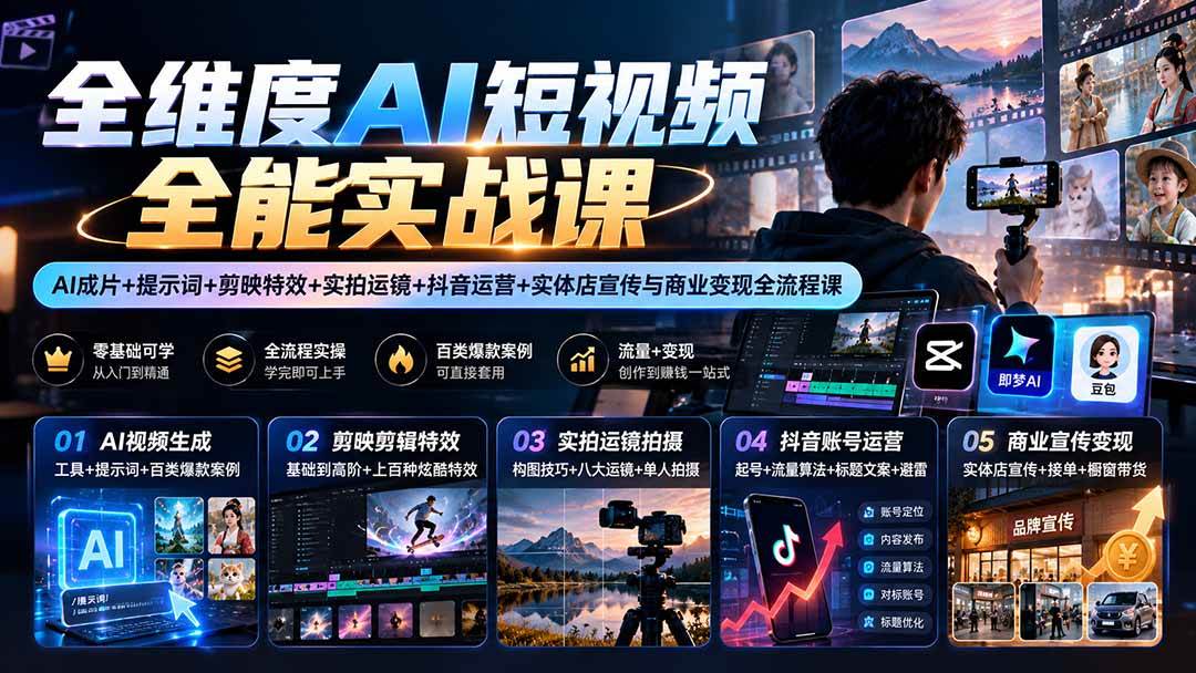 (20768期)【无水印】全维度AI短视频全能实战课:AI成片+提示词+剪映特效+实拍运镜+抖音运营+实体店宣传与商业变现全流程课-九九网创