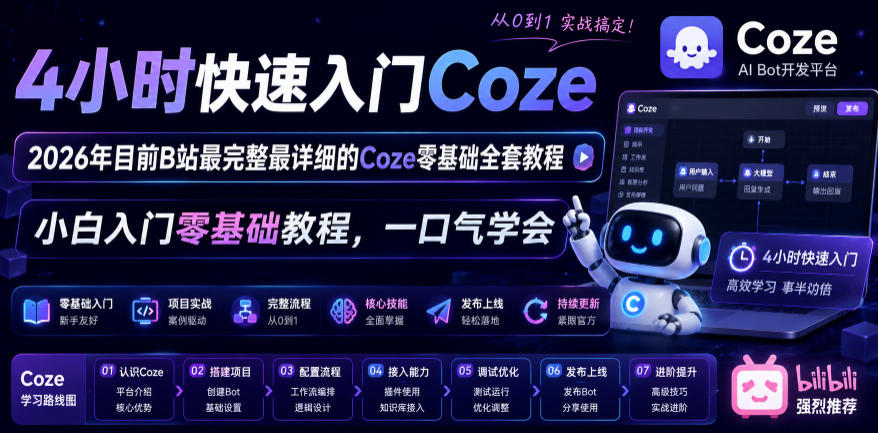 4小时快速入门Coze！2026年目前B站最完整最详细的Coze零基础全套教程，小白入门零基础教程，一口气学会！-九九网创