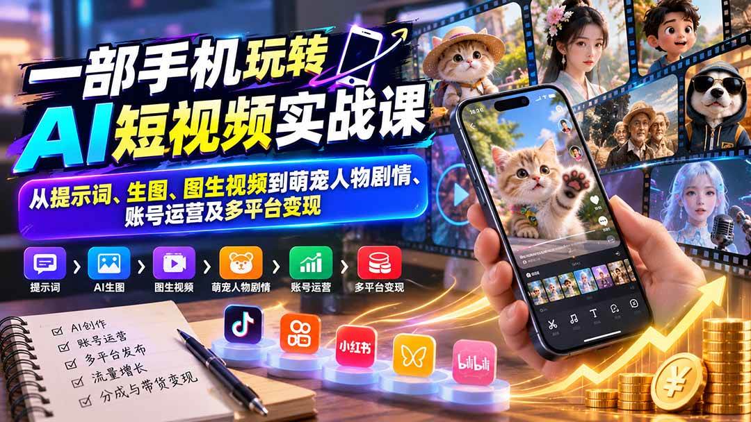 （20663期）一部手机玩转AI短视频实战课：从提示词、生图、图生视频到萌宠人物剧情、账号运营及多平台变现-九九网创