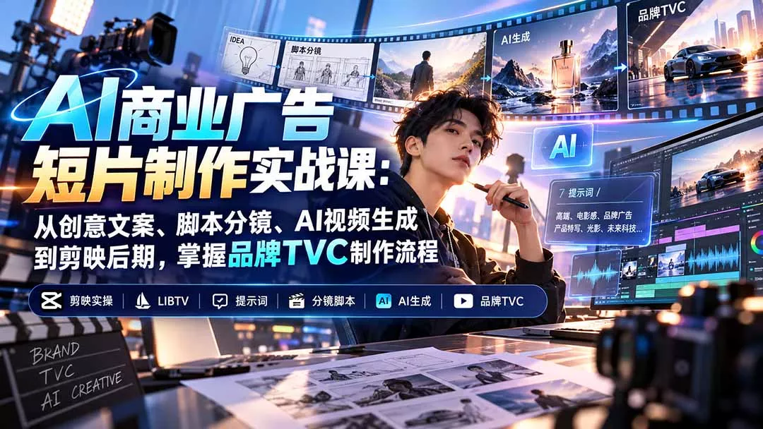 AI商业广告短片制作实战课：从创意文案、脚本分镜、AI视频生成到剪映后期，掌握品牌TVC制作流程-九九网创